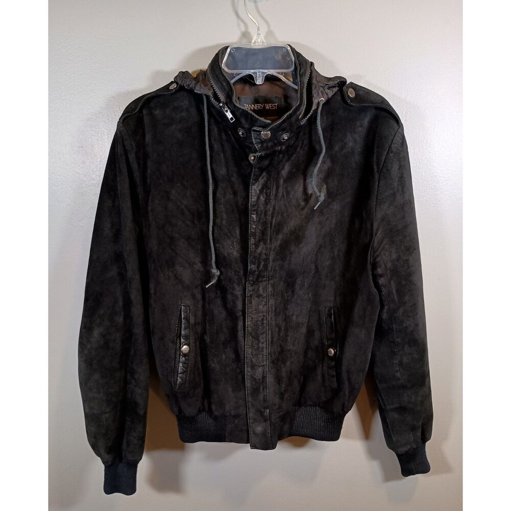 Tannery West Vintage Leather Suede Hooded Black Zip Bomber Coat Mens Size 42